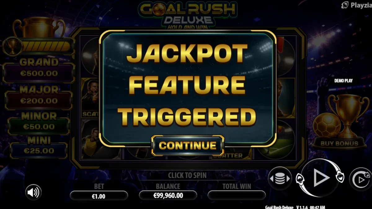Isang makulay na stadium sa loob ng Goal Rush Deluxe Hold and Win slot
